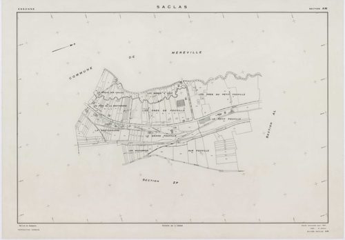 SACLAS, plans minutes de conservation : tableau d'assemblage, 1961, Ech. 1/10000 ; plans des sections AB, AC, AD, AE, 1961, Ech. 1/1000, sections AH, AI, AK, AL, AM, ZO, ZP, ZR, ZS, ZT, ZW, ZX, ZY, ZZ, 1961, Ech. 1/2000. Polyester. N et B. Dim. 105 x 80 c