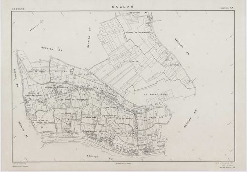 SACLAS, plans minutes de conservation : tableau d'assemblage, 1961, Ech. 1/10000 ; plans des sections AB, AC, AD, AE, 1961, Ech. 1/1000, sections AH, AI, AK, AL, AM, ZO, ZP, ZR, ZS, ZT, ZW, ZX, ZY, ZZ, 1961, Ech. 1/2000. Polyester. N et B. Dim. 105 x 80 c