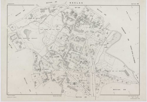 SACLAS, plans minutes de conservation : tableau d'assemblage, 1961, Ech. 1/10000 ; plans des sections AB, AC, AD, AE, 1961, Ech. 1/1000, sections AH, AI, AK, AL, AM, ZO, ZP, ZR, ZS, ZT, ZW, ZX, ZY, ZZ, 1961, Ech. 1/2000. Polyester. N et B. Dim. 105 x 80 c
