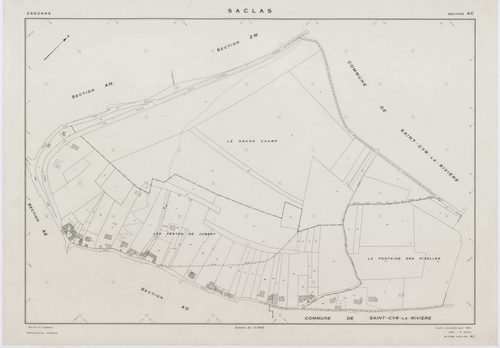 SACLAS, plans minutes de conservation : tableau d'assemblage, 1961, Ech. 1/10000 ; plans des sections AB, AC, AD, AE, 1961, Ech. 1/1000, sections AH, AI, AK, AL, AM, ZO, ZP, ZR, ZS, ZT, ZW, ZX, ZY, ZZ, 1961, Ech. 1/2000. Polyester. N et B. Dim. 105 x 80 c