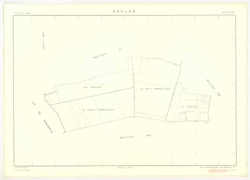 Plans minutes de conservation : SACLAS : tableau d'assemblage, ech. 1/10000 (1961), sections AB, AC, AD, ech. 1/1000 (1961), sections AH, AI, AK, AL, AM, ZO, ZP, ZR, ZS, ZT, ZW, ZX, ZY, ZZ, ech. 1/2000 (1961) ; section AE, ech. 1/1000 (1961-1978), NB, pap