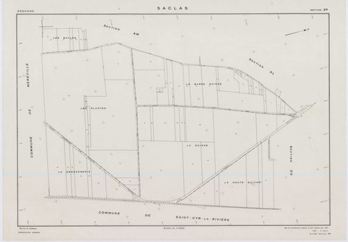 SACLAS, plans minutes de conservation : tableau d'assemblage, 1961, Ech. 1/10000 ; plans des sections AB, AC, AD, AE, 1961, Ech. 1/1000, sections AH, AI, AK, AL, AM, ZO, ZP, ZR, ZS, ZT, ZW, ZX, ZY, ZZ, 1961, Ech. 1/2000. Polyester. N et B. Dim. 105 x 80 c