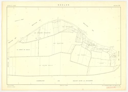 Plans minutes de conservation : SACLAS : tableau d'assemblage, ech. 1/10000 (1961), sections AB, AC, AD, ech. 1/1000 (1961), sections AH, AI, AK, AL, AM, ZO, ZP, ZR, ZS, ZT, ZW, ZX, ZY, ZZ, ech. 1/2000 (1961) ; section AE, ech. 1/1000 (1961-1978), NB, pap