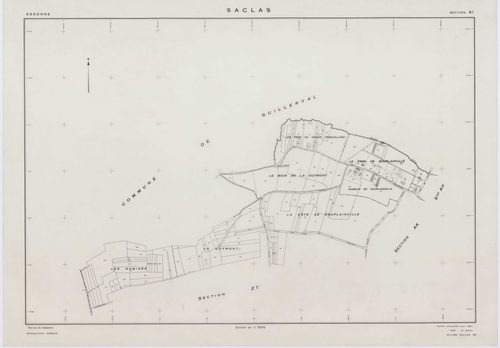 SACLAS, plans minutes de conservation : tableau d'assemblage, 1961, Ech. 1/10000 ; plans des sections AB, AC, AD, AE, 1961, Ech. 1/1000, sections AH, AI, AK, AL, AM, ZO, ZP, ZR, ZS, ZT, ZW, ZX, ZY, ZZ, 1961, Ech. 1/2000. Polyester. N et B. Dim. 105 x 80 c
