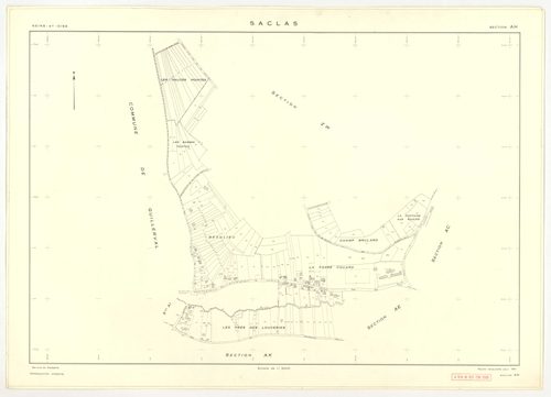 Plans minutes de conservation : SACLAS : tableau d'assemblage, ech. 1/10000 (1961), sections AB, AC, AD, ech. 1/1000 (1961), sections AH, AI, AK, AL, AM, ZO, ZP, ZR, ZS, ZT, ZW, ZX, ZY, ZZ, ech. 1/2000 (1961) ; section AE, ech. 1/1000 (1961-1978), NB, pap