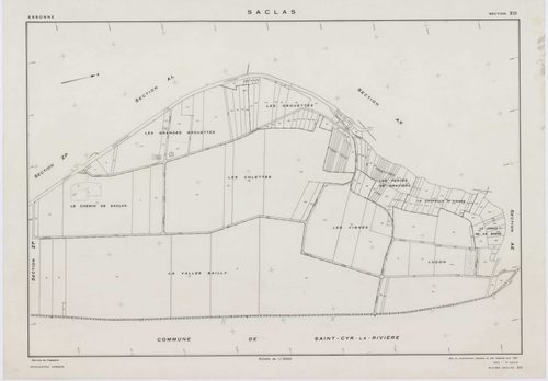 SACLAS, plans minutes de conservation : tableau d'assemblage, 1961, Ech. 1/10000 ; plans des sections AB, AC, AD, AE, 1961, Ech. 1/1000, sections AH, AI, AK, AL, AM, ZO, ZP, ZR, ZS, ZT, ZW, ZX, ZY, ZZ, 1961, Ech. 1/2000. Polyester. N et B. Dim. 105 x 80 c