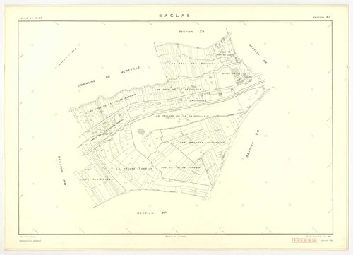 Plans minutes de conservation : SACLAS : tableau d'assemblage, ech. 1/10000 (1961), sections AB, AC, AD, ech. 1/1000 (1961), sections AH, AI, AK, AL, AM, ZO, ZP, ZR, ZS, ZT, ZW, ZX, ZY, ZZ, ech. 1/2000 (1961) ; section AE, ech. 1/1000 (1961-1978), NB, pap