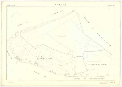 Plans minutes de conservation : SACLAS : tableau d'assemblage, ech. 1/10000 (1961), sections AB, AC, AD, ech. 1/1000 (1961), sections AH, AI, AK, AL, AM, ZO, ZP, ZR, ZS, ZT, ZW, ZX, ZY, ZZ, ech. 1/2000 (1961) ; section AE, ech. 1/1000 (1961-1978), NB, pap