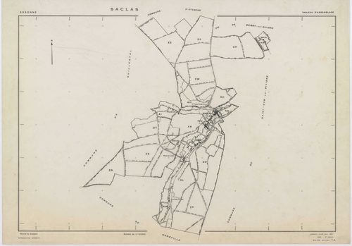 SACLAS, plans minutes de conservation : tableau d'assemblage, 1961, Ech. 1/10000 ; plans des sections AB, AC, AD, AE, 1961, Ech. 1/1000, sections AH, AI, AK, AL, AM, ZO, ZP, ZR, ZS, ZT, ZW, ZX, ZY, ZZ, 1961, Ech. 1/2000. Polyester. N et B. Dim. 105 x 80 c