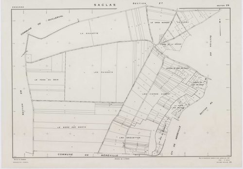 SACLAS, plans minutes de conservation : tableau d'assemblage, 1961, Ech. 1/10000 ; plans des sections AB, AC, AD, AE, 1961, Ech. 1/1000, sections AH, AI, AK, AL, AM, ZO, ZP, ZR, ZS, ZT, ZW, ZX, ZY, ZZ, 1961, Ech. 1/2000. Polyester. N et B. Dim. 105 x 80 c