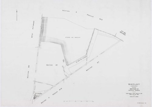 SACLAY, plans minutes de conservation : tableau d'assemblage,1934, Ech. 1/10000 ; plans des sections A1, C2, 1934, Ech. 1/1250, sections A2, A3, B, D, F1, F2, G, H, 1934, Ech. 1/2500, sections ZS, ZT, ZU, ZV, ZW, ZX, ZY, 1961, Ech. 1/2000, section AB, 198