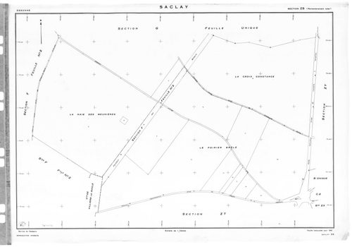 SACLAY. - Cadastre révisé pour 1934 : plan du tableau d'assemblage, plans de la section A Villerats 1ère feuille, idem 2ème feuille, idem 3ème feuille, section B l'Etang, section C la Village 2ème feuille, section D la Martinière 1ère feuille, idem 2ème f
