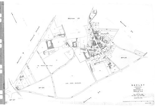 SACLAY. - Cadastre révisé pour 1934 : plan du tableau d'assemblage, plans de la section A Villerats 1ère feuille, idem 2ème feuille, idem 3ème feuille, section B l'Etang, section C la Village 2ème feuille, section D la Martinière 1ère feuille, idem 2ème f