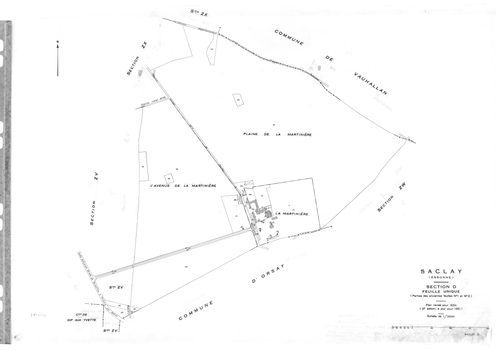 SACLAY. - Cadastre révisé pour 1934 : plan du tableau d'assemblage, plans de la section A Villerats 1ère feuille, idem 2ème feuille, idem 3ème feuille, section B l'Etang, section C la Village 2ème feuille, section D la Martinière 1ère feuille, idem 2ème f