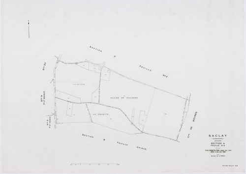 SACLAY, plans minutes de conservation : tableau d'assemblage,1934, Ech. 1/10000 ; plans des sections A1, C2, 1934, Ech. 1/1250, sections A2, A3, B, D, F1, F2, G, H, 1934, Ech. 1/2500, sections ZS, ZT, ZU, ZV, ZW, ZX, ZY, 1961, Ech. 1/2000, section AB, 198
