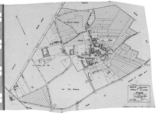 SACLAY. - Cadastre révisé pour 1934 : plan du tableau d'assemblage, plans de la section A Villerats 1ère feuille, idem 2ème feuille, idem 3ème feuille, section B l'Etang, section C la Village 2ème feuille, section D la Martinière 1ère feuille, idem 2ème f
