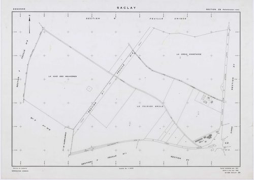 SACLAY, plans minutes de conservation : tableau d'assemblage,1934, Ech. 1/10000 ; plans des sections A1, C2, 1934, Ech. 1/1250, sections A2, A3, B, D, F1, F2, G, H, 1934, Ech. 1/2500, sections ZS, ZT, ZU, ZV, ZW, ZX, ZY, 1961, Ech. 1/2000, section AB, 198