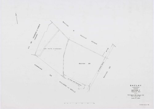 SACLAY, plans minutes de conservation : tableau d'assemblage,1934, Ech. 1/10000 ; plans des sections A1, C2, 1934, Ech. 1/1250, sections A2, A3, B, D, F1, F2, G, H, 1934, Ech. 1/2500, sections ZS, ZT, ZU, ZV, ZW, ZX, ZY, 1961, Ech. 1/2000, section AB, 198