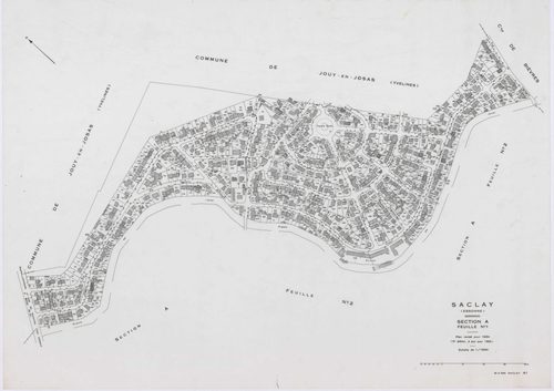 SACLAY, plans minutes de conservation : tableau d'assemblage,1934, Ech. 1/10000 ; plans des sections A1, C2, 1934, Ech. 1/1250, sections A2, A3, B, D, F1, F2, G, H, 1934, Ech. 1/2500, sections ZS, ZT, ZU, ZV, ZW, ZX, ZY, 1961, Ech. 1/2000, section AB, 198