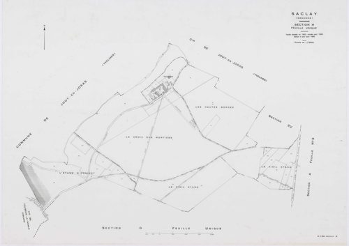SACLAY, plans minutes de conservation : tableau d'assemblage,1934, Ech. 1/10000 ; plans des sections A1, C2, 1934, Ech. 1/1250, sections A2, A3, B, D, F1, F2, G, H, 1934, Ech. 1/2500, sections ZS, ZT, ZU, ZV, ZW, ZX, ZY, 1961, Ech. 1/2000, section AB, 198