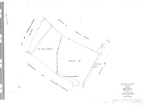 SACLAY. - Cadastre révisé pour 1934 : plan du tableau d'assemblage, plans de la section A Villerats 1ère feuille, idem 2ème feuille, idem 3ème feuille, section B l'Etang, section C la Village 2ème feuille, section D la Martinière 1ère feuille, idem 2ème f