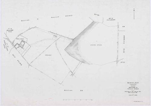 SACLAY, plans minutes de conservation : tableau d'assemblage,1934, Ech. 1/10000 ; plans des sections A1, C2, 1934, Ech. 1/1250, sections A2, A3, B, D, F1, F2, G, H, 1934, Ech. 1/2500, sections ZS, ZT, ZU, ZV, ZW, ZX, ZY, 1961, Ech. 1/2000, section AB, 198
