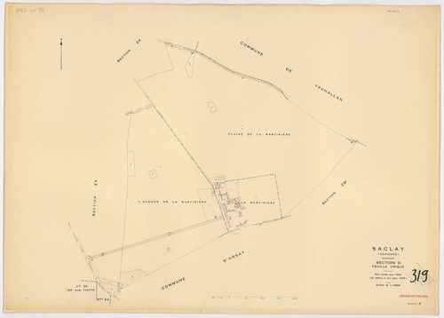 SACLAY. - Plan révisé pour 1934, à jour pour 1976 (3ème, 4 ème édition) : plans du tableau d'assemblage, des sections A (feuilles 1-3), B, C (feuille 2), D, F (feuilles 1-2), G et H ; plan révisé pour 1934, à jour pour 1983 (5ème édition) : plans des sect