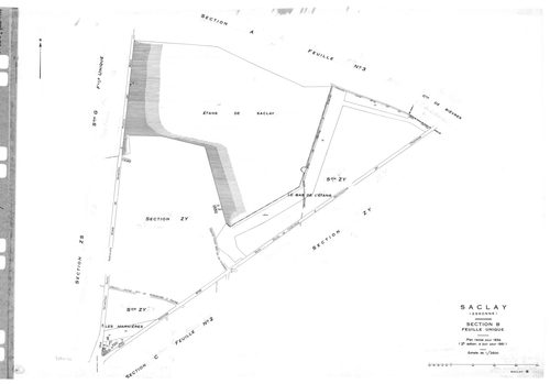 SACLAY. - Cadastre révisé pour 1934 : plan du tableau d'assemblage, plans de la section A Villerats 1ère feuille, idem 2ème feuille, idem 3ème feuille, section B l'Etang, section C la Village 2ème feuille, section D la Martinière 1ère feuille, idem 2ème f