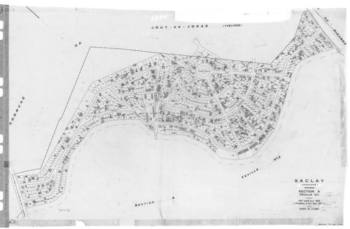 SACLAY. - Cadastre révisé pour 1934 : plan du tableau d'assemblage, plans de la section A Villerats 1ère feuille, idem 2ème feuille, idem 3ème feuille, section B l'Etang, section C la Village 2ème feuille, section D la Martinière 1ère feuille, idem 2ème f