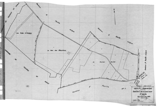 SACLAY. - Cadastre révisé pour 1934 : plan du tableau d'assemblage, plans de la section A Villerats 1ère feuille, idem 2ème feuille, idem 3ème feuille, section B l'Etang, section C la Village 2ème feuille, section D la Martinière 1ère feuille, idem 2ème f
