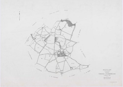 SACLAY, plans minutes de conservation : tableau d'assemblage,1934, Ech. 1/10000 ; plans des sections A1, C2, 1934, Ech. 1/1250, sections A2, A3, B, D, F1, F2, G, H, 1934, Ech. 1/2500, sections ZS, ZT, ZU, ZV, ZW, ZX, ZY, 1961, Ech. 1/2000, section AB, 198