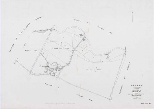SACLAY, plans minutes de conservation : tableau d'assemblage,1934, Ech. 1/10000 ; plans des sections A1, C2, 1934, Ech. 1/1250, sections A2, A3, B, D, F1, F2, G, H, 1934, Ech. 1/2500, sections ZS, ZT, ZU, ZV, ZW, ZX, ZY, 1961, Ech. 1/2000, section AB, 198