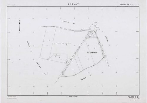 SACLAY, plans minutes de conservation : tableau d'assemblage,1934, Ech. 1/10000 ; plans des sections A1, C2, 1934, Ech. 1/1250, sections A2, A3, B, D, F1, F2, G, H, 1934, Ech. 1/2500, sections ZS, ZT, ZU, ZV, ZW, ZX, ZY, 1961, Ech. 1/2000, section AB, 198