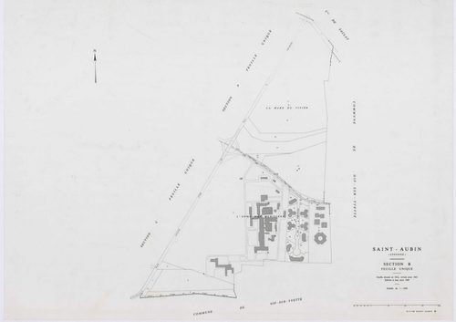 SAINT-AUBIN, plans minutes de conservation : tableau d'assemblage,1933, Ech. 1/5000 ; plans des sections A, B, 1933, Ech. 1/2500, section C, 1933, Ech. 1/1250. Polyester. N et B. Dim. 105 x 80 cm [4 plans]. 