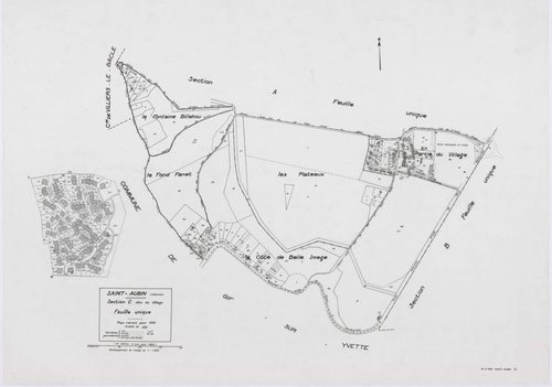 SAINT-AUBIN, plans minutes de conservation : tableau d'assemblage,1933, Ech. 1/5000 ; plans des sections A, B, 1933, Ech. 1/2500, section C, 1933, Ech. 1/1250. Polyester. N et B. Dim. 105 x 80 cm [4 plans]. 