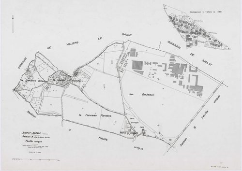 SAINT-AUBIN, plans minutes de conservation : tableau d'assemblage,1933, Ech. 1/5000 ; plans des sections A, B, 1933, Ech. 1/2500, section C, 1933, Ech. 1/1250. Polyester. N et B. Dim. 105 x 80 cm [4 plans]. 