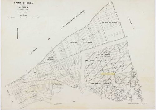 SAINT-CHERON, plans minutes de conservation : tableau d'assemblage, 1951, Ech. 1/10000 ; plans des sections A1, D, E1, 1951, Ech. 1/2500, sections A2, A3, B3, C1, C2, C3, 1951, Ech. 1/1250, sections ZA, ZB, 1961, Ech. 1/2000, section ZC, 1982, Ech. 1/2000