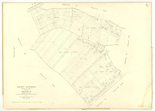 Plans minutes de conservation : SAINT-CHERON : tableau d'assemblage, ech. 1/10000 (1951), section A1, ech. 1/2500 (1951), sections A2, A3, B2, B3, B4, C1, C2, C3, ech. 1/1250 (1951) ; section B1, ech. 1/1250, section E2, ech. 1/2500 (1951-1973) ; sections