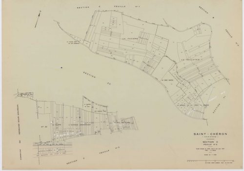 SAINT-CHERON, plans minutes de conservation : tableau d'assemblage, 1951, Ech. 1/10000 ; plans des sections A1, D, E1, 1951, Ech. 1/2500, sections A2, A3, B3, C1, C2, C3, 1951, Ech. 1/1250, sections ZA, ZB, 1961, Ech. 1/2000, section ZC, 1982, Ech. 1/2000
