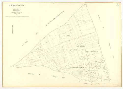 Plans minutes de conservation : SAINT-CHERON : tableau d'assemblage, ech. 1/10000 (1951), section A1, ech. 1/2500 (1951), sections A2, A3, B2, B3, B4, C1, C2, C3, ech. 1/1250 (1951) ; section B1, ech. 1/1250, section E2, ech. 1/2500 (1951-1973) ; sections
