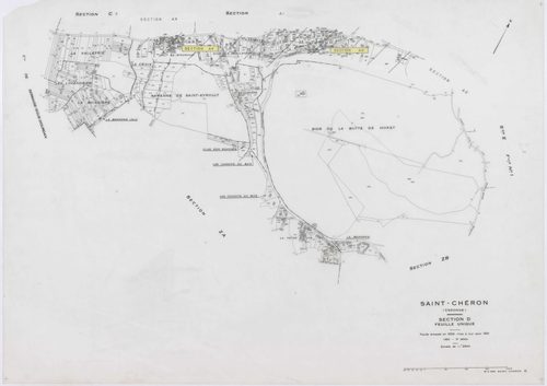 SAINT-CHERON, plans minutes de conservation : tableau d'assemblage, 1951, Ech. 1/10000 ; plans des sections A1, D, E1, 1951, Ech. 1/2500, sections A2, A3, B3, C1, C2, C3, 1951, Ech. 1/1250, sections ZA, ZB, 1961, Ech. 1/2000, section ZC, 1982, Ech. 1/2000