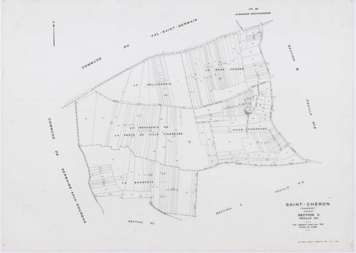 SAINT-CHERON, plans minutes de conservation : tableau d'assemblage, 1951, Ech. 1/10000 ; plans des sections A1, D, E1, 1951, Ech. 1/2500, sections A2, A3, B3, C1, C2, C3, 1951, Ech. 1/1250, sections ZA, ZB, 1961, Ech. 1/2000, section ZC, 1982, Ech. 1/2000