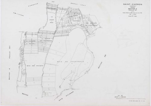 SAINT-CHERON, plans minutes de conservation : tableau d'assemblage, 1951, Ech. 1/10000 ; plans des sections A1, D, E1, 1951, Ech. 1/2500, sections A2, A3, B3, C1, C2, C3, 1951, Ech. 1/1250, sections ZA, ZB, 1961, Ech. 1/2000, section ZC, 1982, Ech. 1/2000