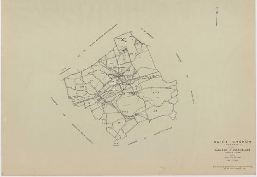 SAINT-CHERON, plans minutes de conservation : tableau d'assemblage, 1951, Ech. 1/10000 ; plans des sections A1, D, E1, 1951, Ech. 1/2500, sections A2, A3, B3, C1, C2, C3, 1951, Ech. 1/1250, sections ZA, ZB, 1961, Ech. 1/2000, section ZC, 1982, Ech. 1/2000