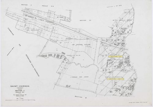 SAINT-CHERON, plans minutes de conservation : tableau d'assemblage, 1951, Ech. 1/10000 ; plans des sections A1, D, E1, 1951, Ech. 1/2500, sections A2, A3, B3, C1, C2, C3, 1951, Ech. 1/1250, sections ZA, ZB, 1961, Ech. 1/2000, section ZC, 1982, Ech. 1/2000