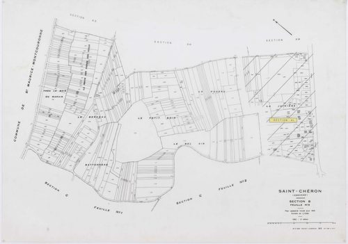 SAINT-CHERON, plans minutes de conservation : tableau d'assemblage, 1951, Ech. 1/10000 ; plans des sections A1, D, E1, 1951, Ech. 1/2500, sections A2, A3, B3, C1, C2, C3, 1951, Ech. 1/1250, sections ZA, ZB, 1961, Ech. 1/2000, section ZC, 1982, Ech. 1/2000
