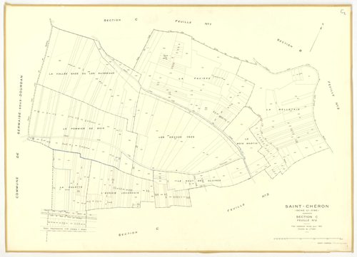 Plans minutes de conservation : SAINT-CHERON : tableau d'assemblage, ech. 1/10000 (1951), section A1, ech. 1/2500 (1951), sections A2, A3, B2, B3, B4, C1, C2, C3, ech. 1/1250 (1951) ; section B1, ech. 1/1250, section E2, ech. 1/2500 (1951-1973) ; sections