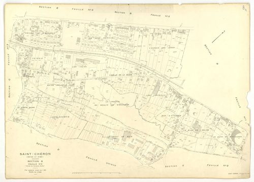 Plans minutes de conservation : SAINT-CHERON : tableau d'assemblage, ech. 1/10000 (1951), section A1, ech. 1/2500 (1951), sections A2, A3, B2, B3, B4, C1, C2, C3, ech. 1/1250 (1951) ; section B1, ech. 1/1250, section E2, ech. 1/2500 (1951-1973) ; sections