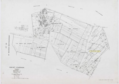 SAINT-CHERON, plans minutes de conservation : tableau d'assemblage, 1951, Ech. 1/10000 ; plans des sections A1, D, E1, 1951, Ech. 1/2500, sections A2, A3, B3, C1, C2, C3, 1951, Ech. 1/1250, sections ZA, ZB, 1961, Ech. 1/2000, section ZC, 1982, Ech. 1/2000