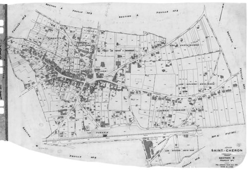 SAINT-CHERON. - Cadastre révisé pour 1951 : plans de la section B 1ère feuille, section D, section E 1ère feuille, idem 2ème feuille, [4 plans]. 